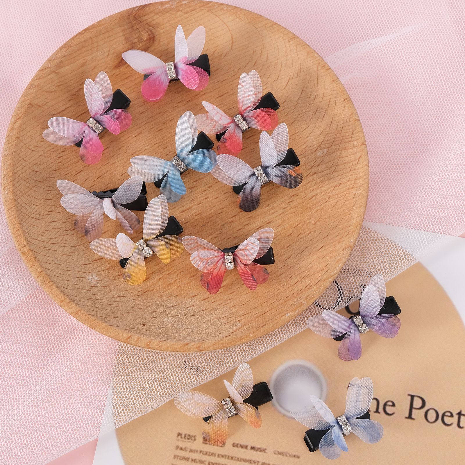 新款双层薄纱小蝴蝶发夹带夹子发饰diy手工儿童发夹饰品发饰批发