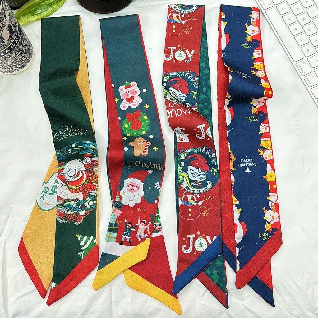 Christmas New Year Silk Scarf Hair Band Red Strip Small Silk Scarf Women's All-Match Hair Band Arm Bag Ribbon Gift