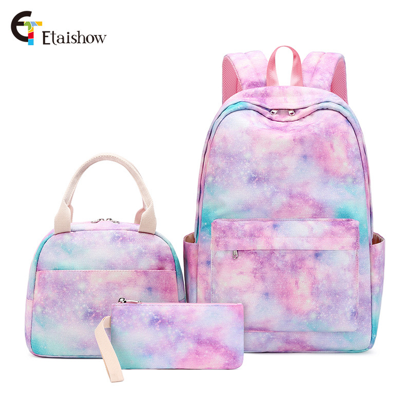 Cross-Border New Arrival Three-Piece Backpack Girl Starry Sky Graffiti Printing Primary School Student Schoolbag Lightweight Waterproof Backpack