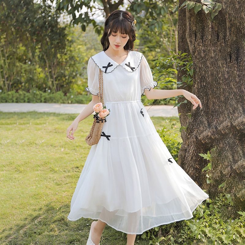 2024夏季少女蝴蝶结连衣裙初中高中学生雪纺纱清新显瘦公主长裙子