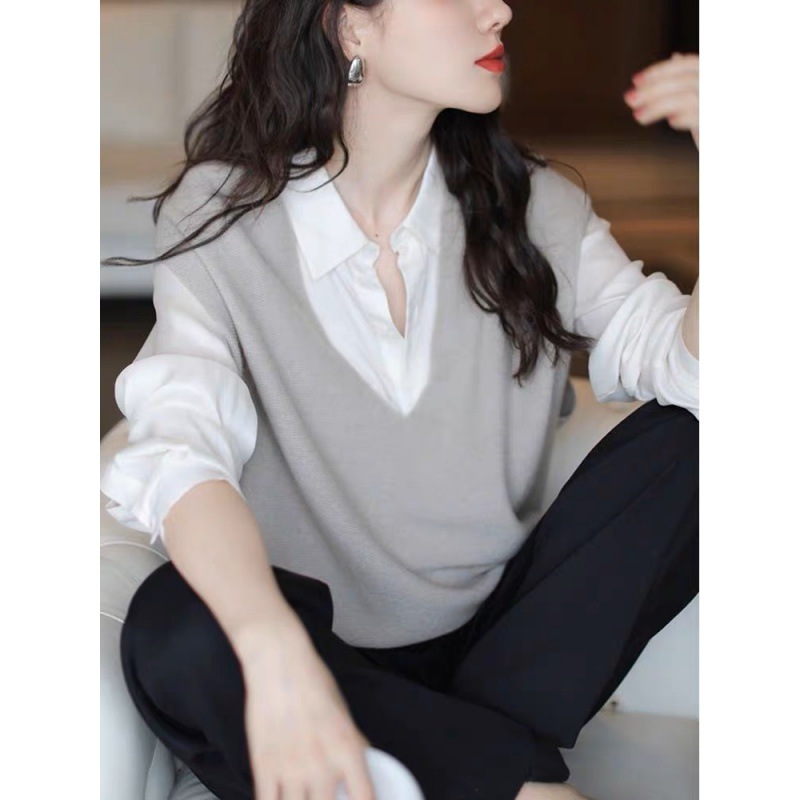 白色衬衫搭配马甲背心两件套女春秋外搭叠穿上衣衬衣女款秋装外套