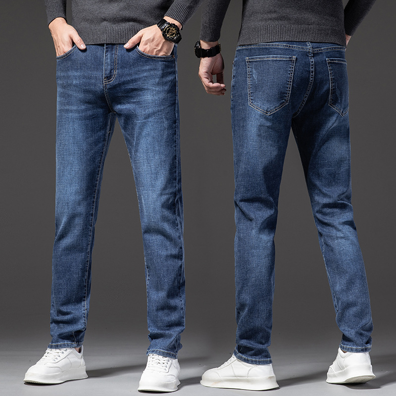 Jeans Men's Autumn and Winter New Slim Fit Tall Feet Fleece-Lined Men's Stretch Casual Men's Solid Color Trousers