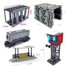 MOC拼装小颗粒积木火车铁路轨道积木山洞车厢候车亭候车站台玩具