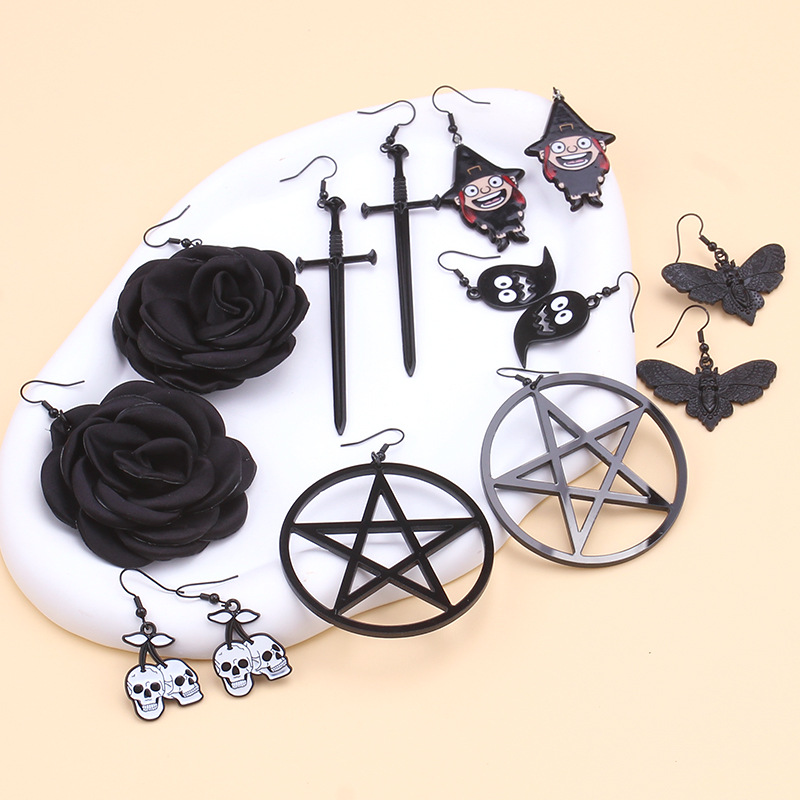 欧美跨境饰品万圣节暗黑系幽灵圆环五芒星花朵耳坠哥特骷髅头耳环