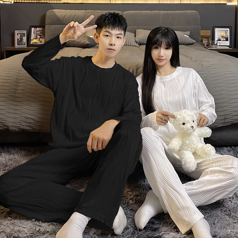 Korean Style Couple Pajamas Cotton Long-Sleeved Men‘s Spring and Autumn New Women‘s Simple Homewear Two-Piece Set Large Size Loose