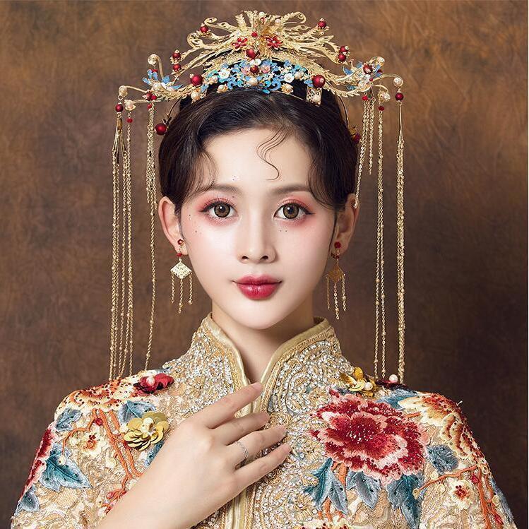 中式新娘古装头饰红色流苏发饰古装秀禾服结婚婚纱头饰凤冠头饰