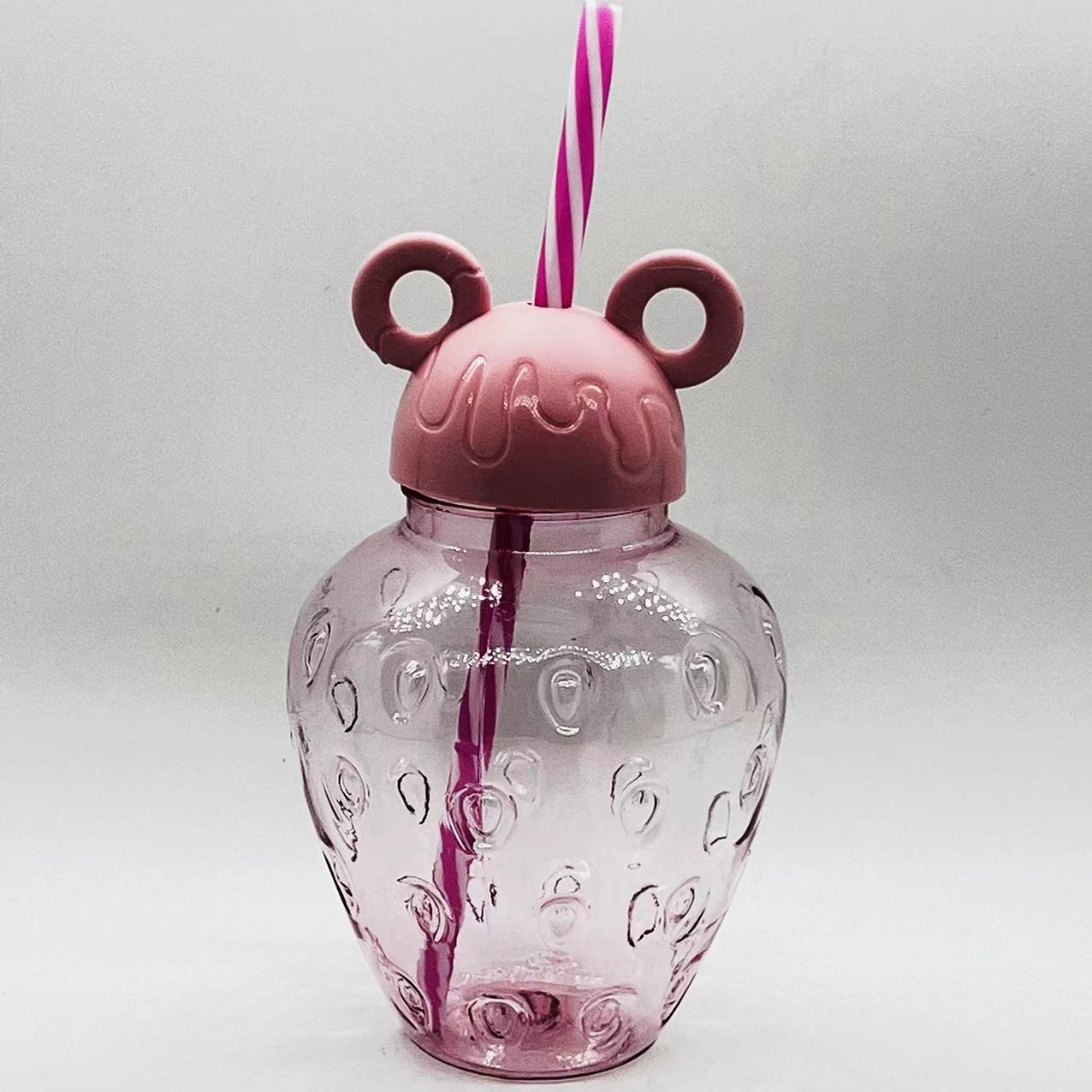 23 New Pet Strawberry Cup Fruit Shape 500 Ml Cup with Straw Crown Absorbent Cup Juice Tea Bottle