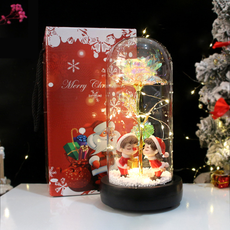 New Product Recommendation Christmas Creative Gift Glass Led Lampshade Gold-Foil Roses Luminous Christmas Couple Doll