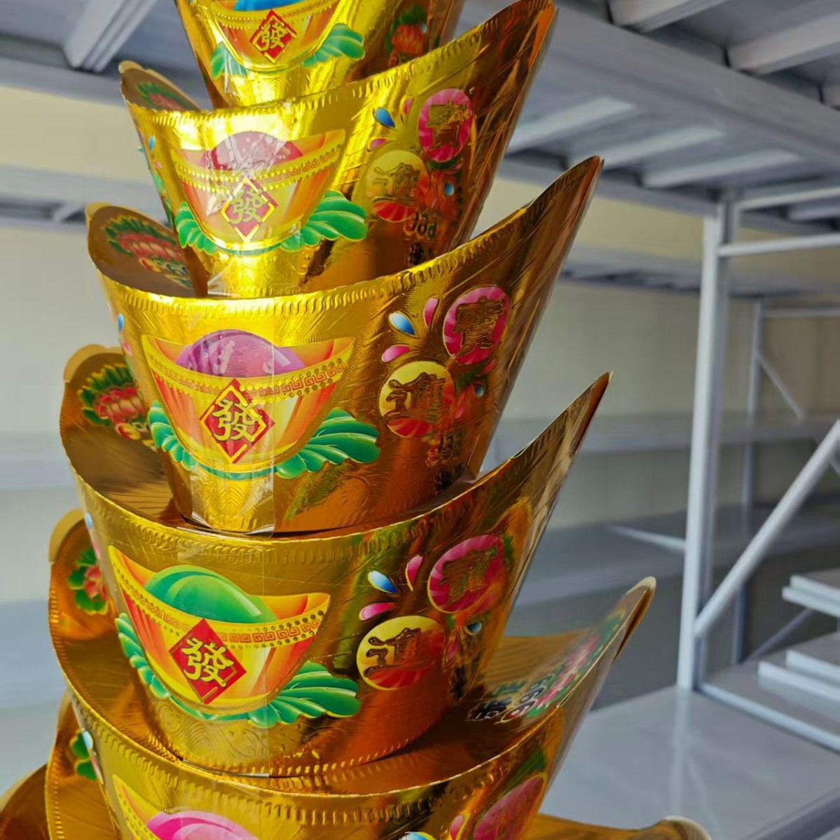 新款金银聚宝盆 批发半成品纸扎纸活白卡烫金七层元宝山元宝塔