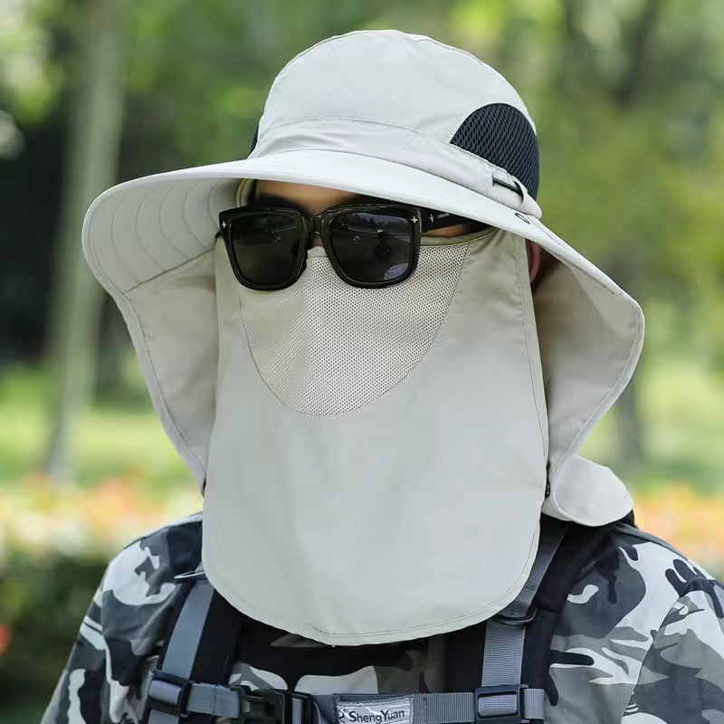 Sunscreen Mask Bucket Hat Outdoor Big Brim Face-Covering Tea Picking Sun Hat Dustproof Mosquito-Proof Breathable Quick-Drying Fishing Hat
