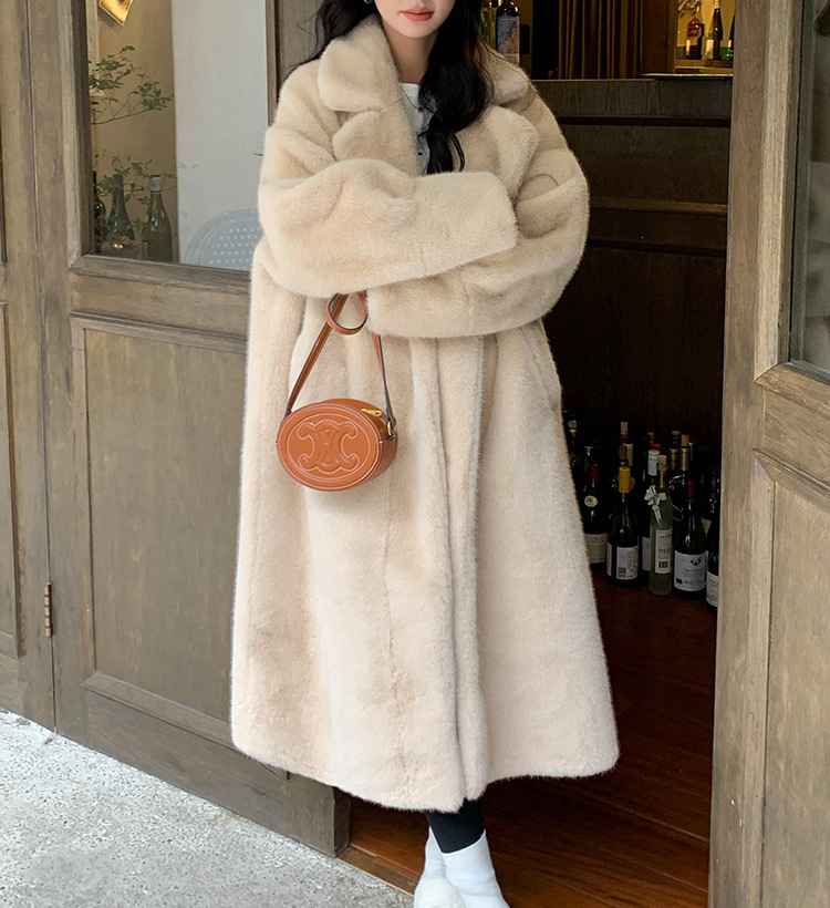 环保皮草仿水貂绒长款宽松加厚欧貂皮毛一体西服领皮草外套大衣女