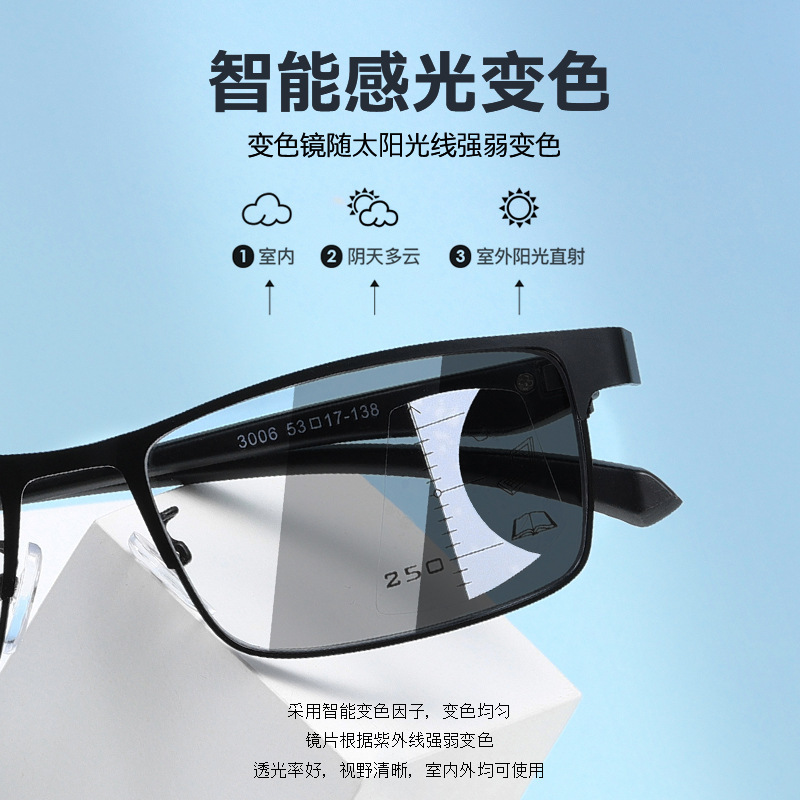 新款光感变色老花镜远近两用阅读自动变焦老花眼镜防蓝光渐进眼镜