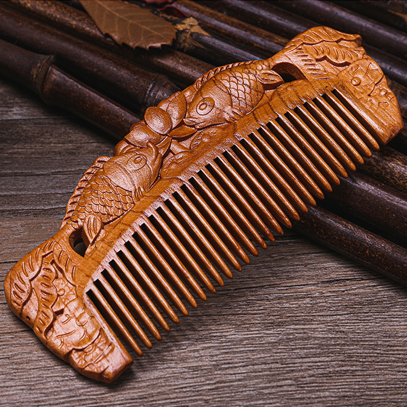 桃木梳子精雕鸳鸯戏水荷叶莲花双鱼招财防静电便携小号梳子13公分