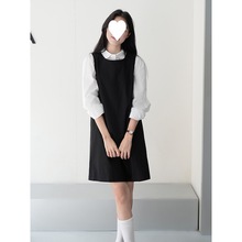 新款韩版黑色无袖连衣裙白色娃娃领衬衫小个子显瘦背带裙套装