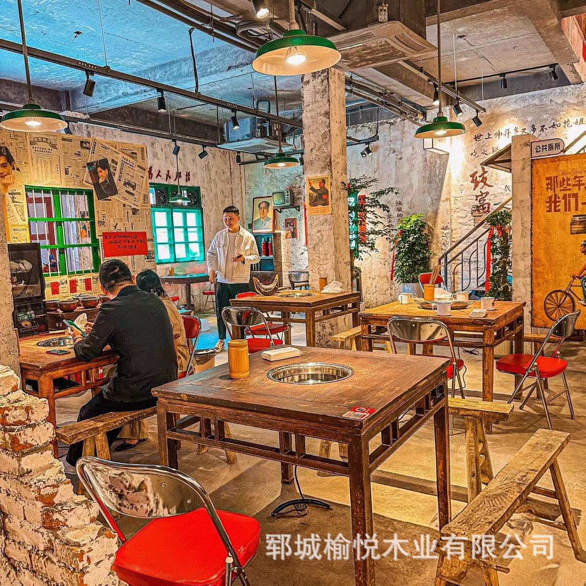 实木火锅桌商用下沉式电磁炉火锅桌方形火锅桌实木火锅桌天然气