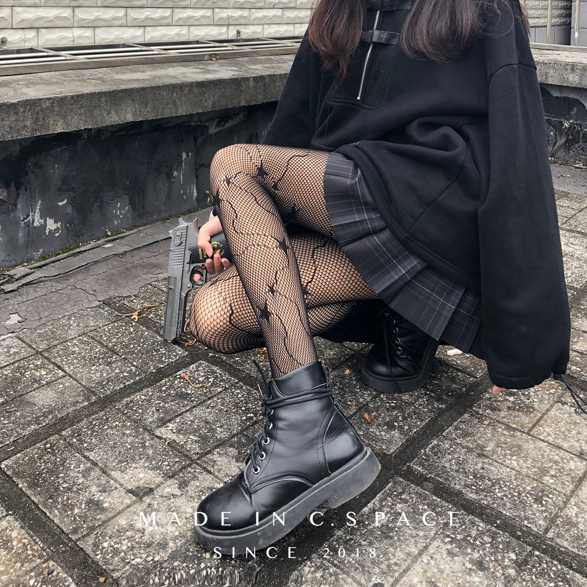 黑色丝袜镂空烫钻jk性感网裤字母 欧美大码诱惑ins蝴蝶结渔网袜子