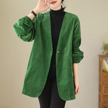 新款绿色复古灯芯绒外套女秋季2023年新款休闲百搭感西装上衣