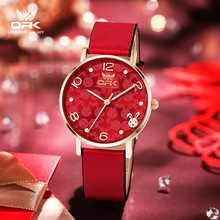OPK品牌新款中国红兔年生肖限定圆形表冠红带日辉纹国风女款腕表