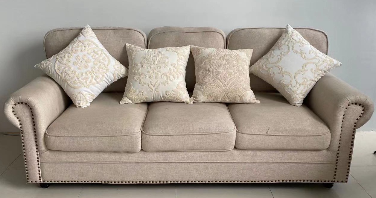 棉麻抱枕套美国亚马逊家居现代简约北欧沙发垫棉绳绣花米色靠垫套