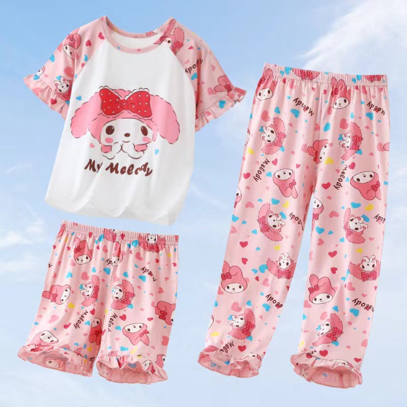 Summer Cool Thin Tencel Modal Children's Loungewear Pajamas Air Conditioning Room Clothing Short Sleeve Shorts Trousers Three-Piece Suit