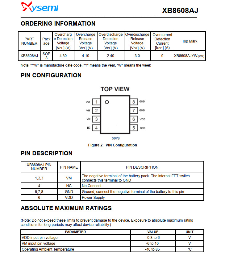 xb8608aj 单节锂离子/聚合物电池保护ic sop8