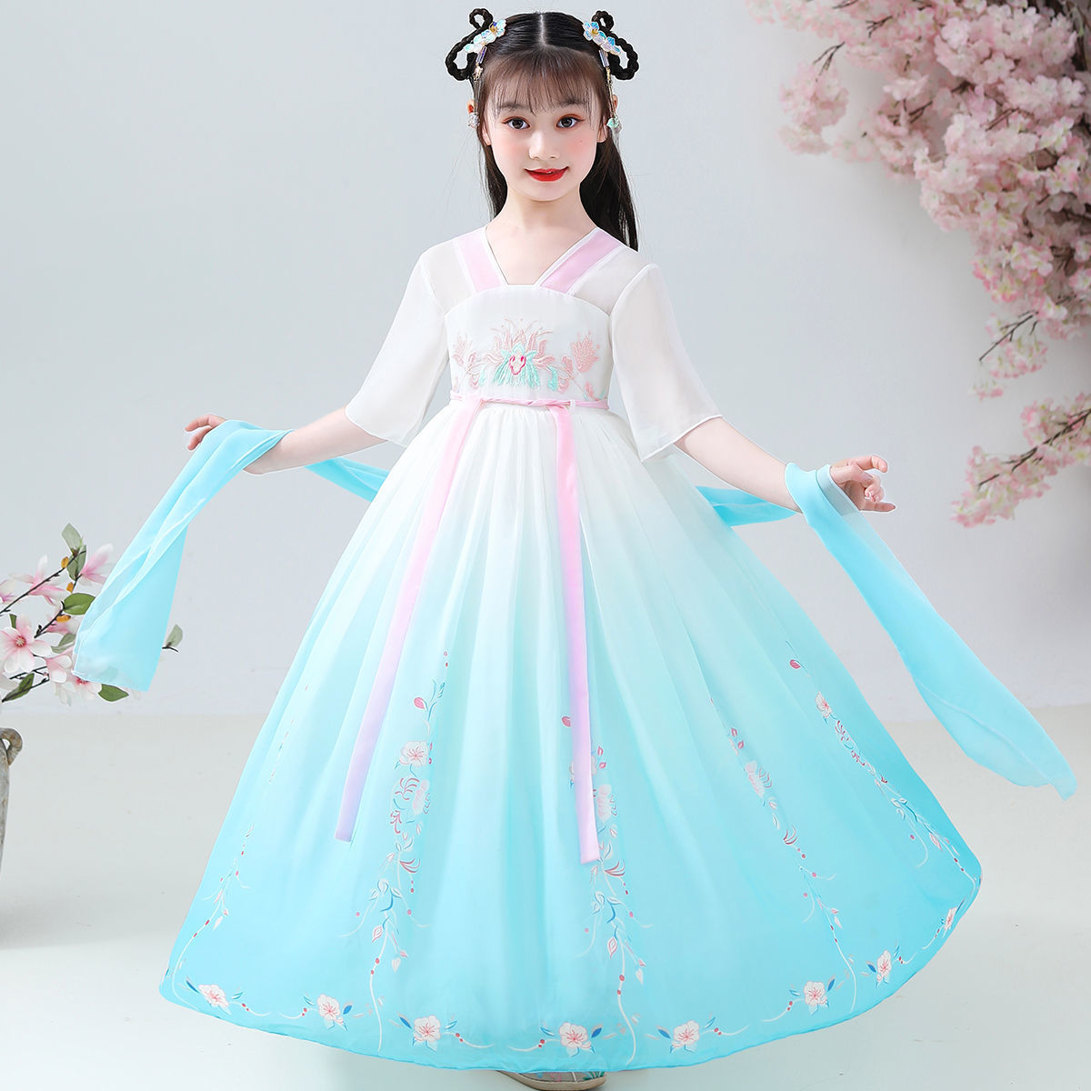 儿童汉服女童古装超仙襦裙夏装中国风童装唐装12岁女孩雪纺公主裙