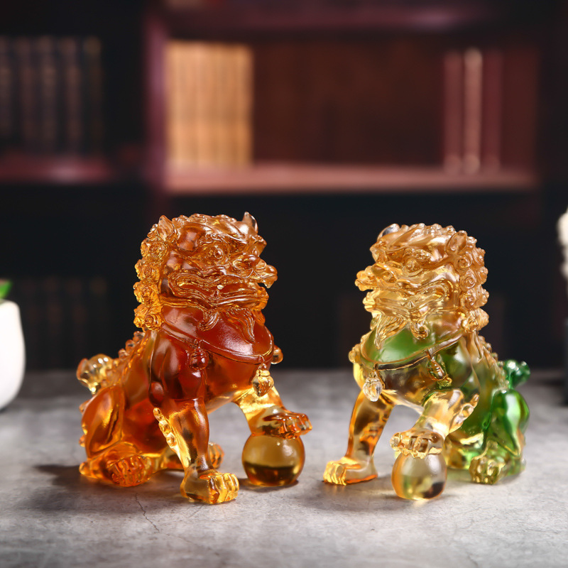 镇宅琉璃水晶狮子雌雄一对狮子摆件客厅家居装饰工艺品商务礼品