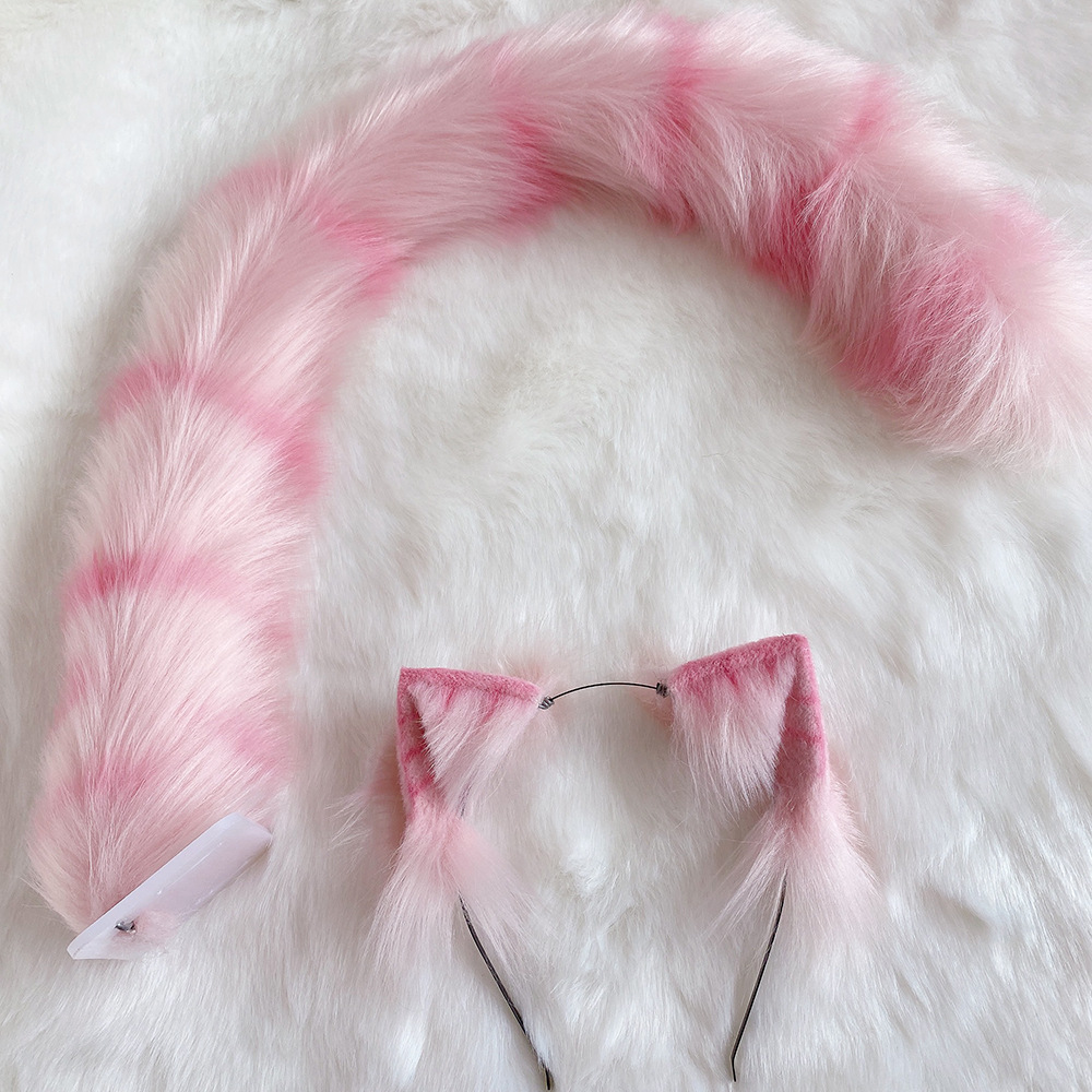 粉虎斑兽耳手作发箍 银虎斑猫兽耳头饰 cos道具尾巴 可爱仿真猫尾