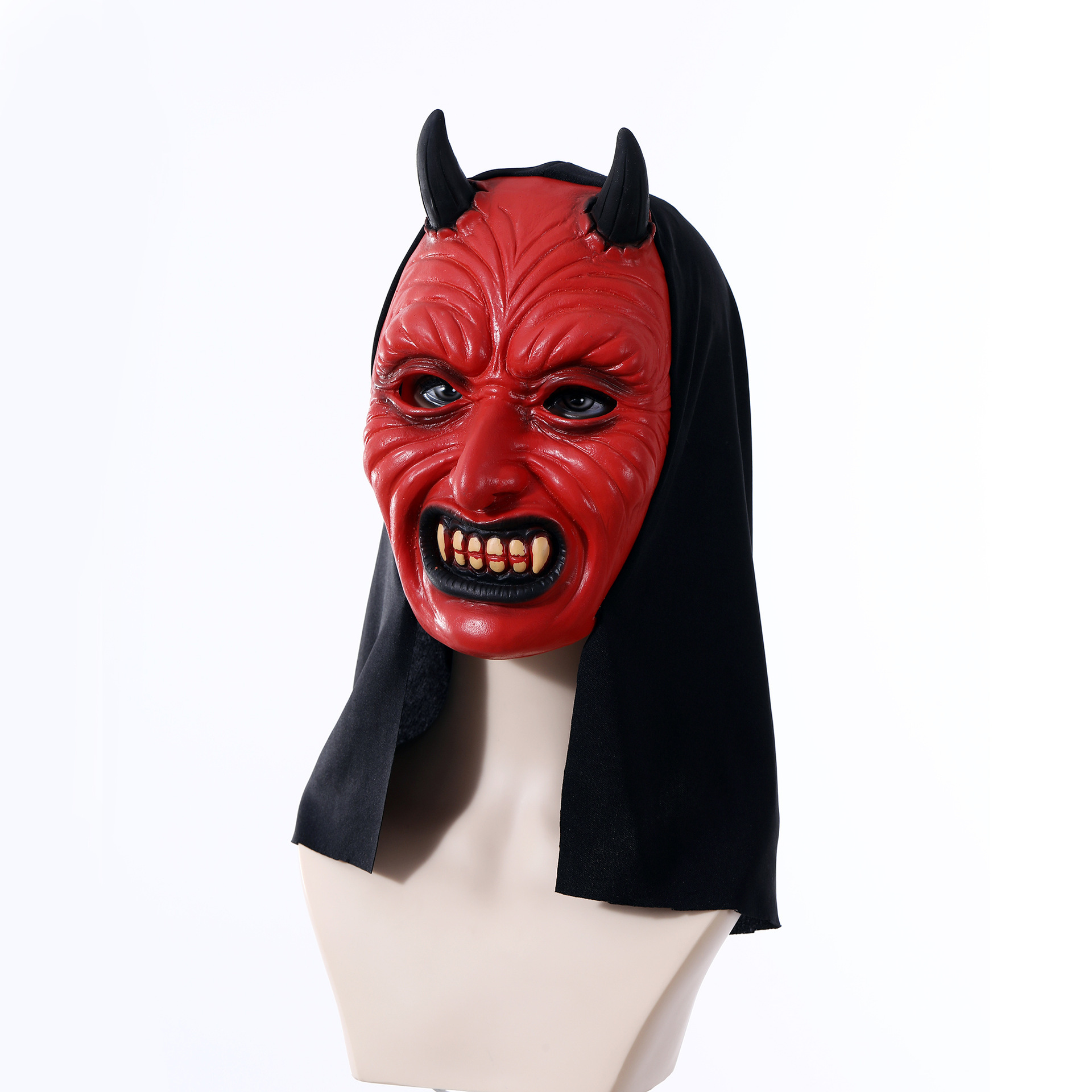 纵鸿跨境万圣节派对红脸邪鬼恐怖面具乳胶柔软鬼节仿真头套批发