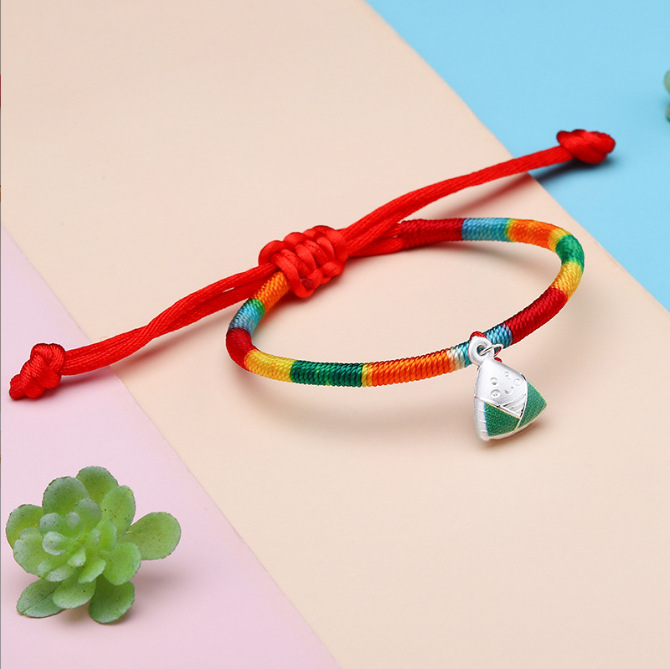 Sterling Silver S999 Silver Zongzi Dragon Boat Festival Colorful Rope Woven Silver Bracelet Children's Baby Bracelet Necklace Activity Gift