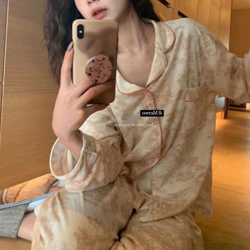 Ins Style Simple Korean Style Long-Sleeved Pajamas Women's Autumn 2022 New Girl's High-End Homewear Trousers Suit