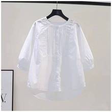 褶皱白色棉衬衫女圆领七分袖宽松休闲衬衣2023夏季韩版上衣