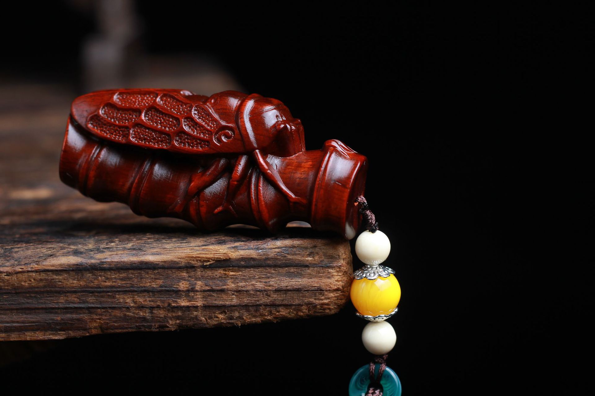 木雕竹节金蝉手把件挂件竹节金蝉把件文玩知了紫檀木蝉手把件