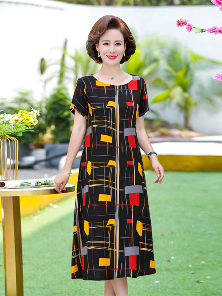 妈妈棉绸连衣裙外穿夏季时尚中老年大码女装有口袋气质印花中长裙