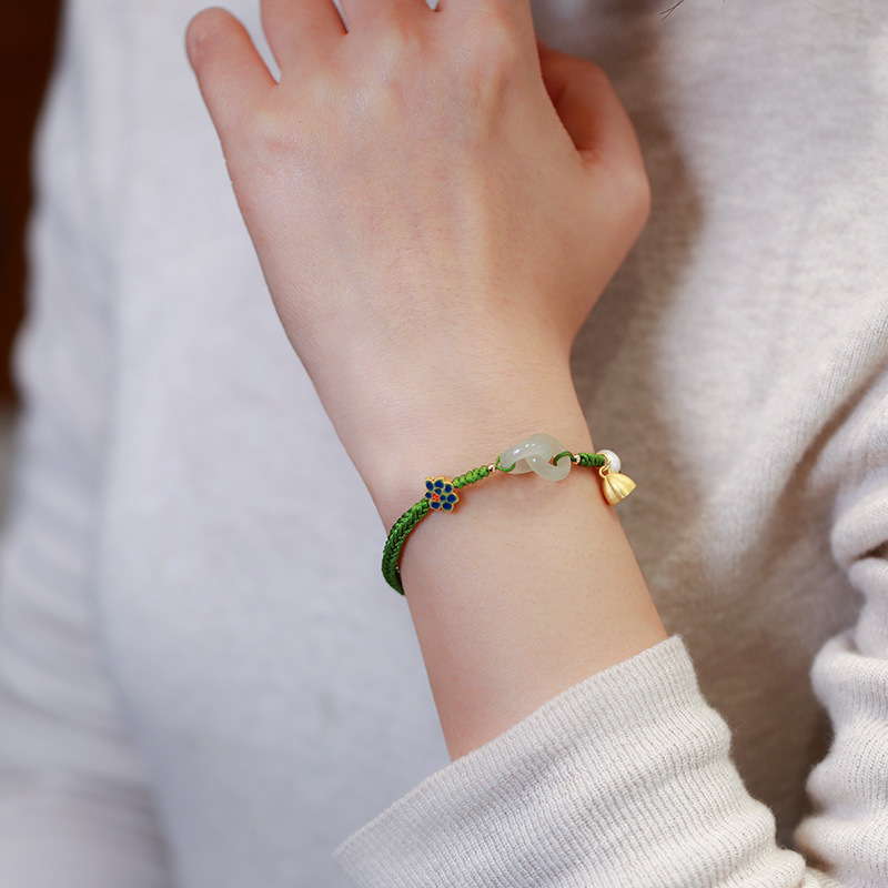 环环相扣手链 和田玉编织手绳民族风平安扣双环手链 闺蜜编绳礼物