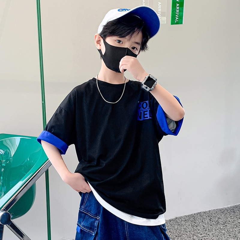 男童短袖t恤夏季装中大童帅气时髦7儿童装13岁男孩15炸街一件代发