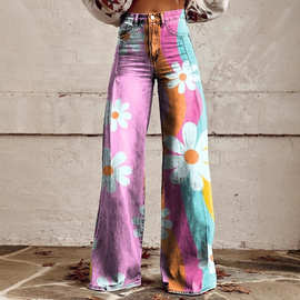 2025跨境亚马逊欧美女装秋冬款大直通裤3D数码印花个性时尚阔腿裤