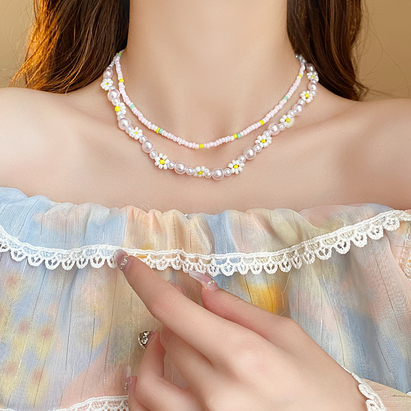 Sweet Dopamine Double Layer Bead Flower Pearl Necklace Temperament Trend Clavicle Chain Fashion All-Match Necklace Wholesale