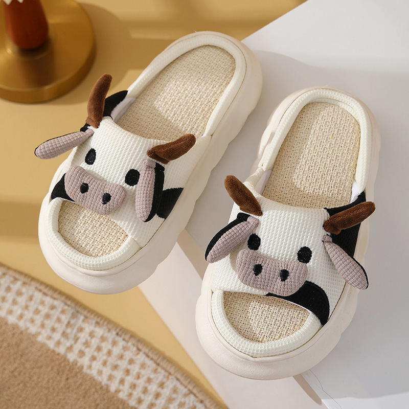 cross-border new four seasons universal indoor home cotton and linen slippers cute cartoon cow linen slippers non-slip