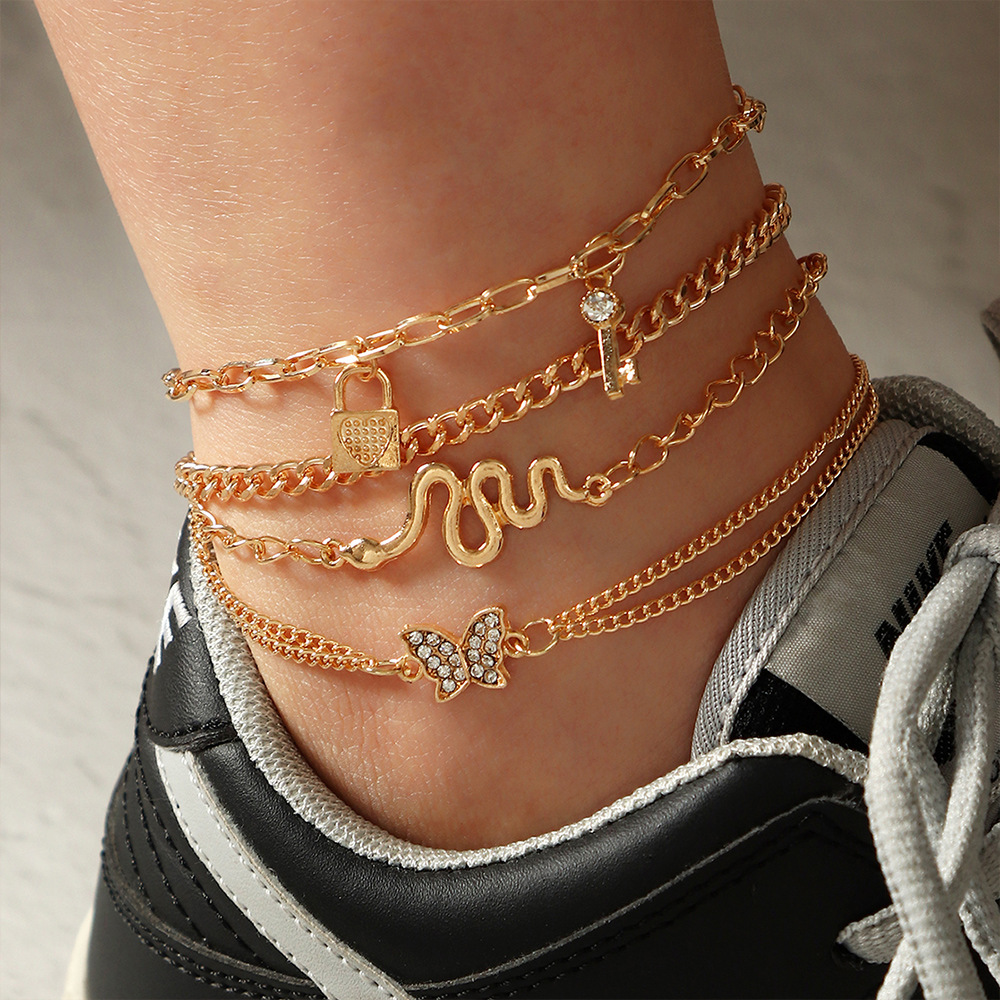 Naizhu Cross-Border New Retro Butterfly Anklet 4-Piece Fashion Metal Snake-Shaped Key Anklet Beach Chain for Women