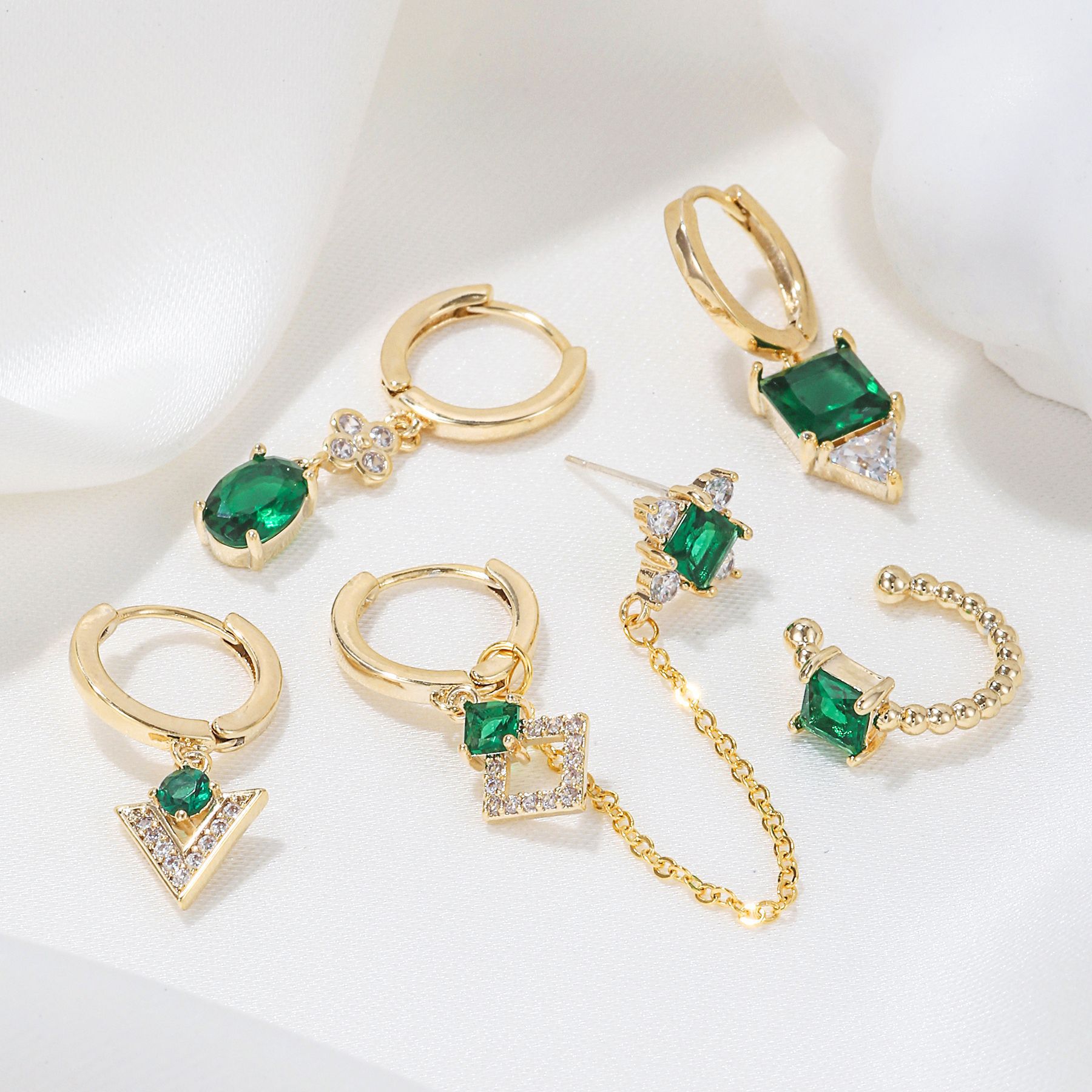 European and American Fashion Geometric Earrings Personalized Simple Square Ear Clip Cross-Border Hot Selling Emerald Zircon Set Earrings