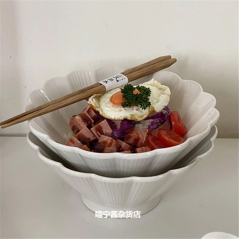 ins日式陶瓷大碗复古纯色拉面碗 菊花纹泡面碗家用大号沙拉碗汤碗