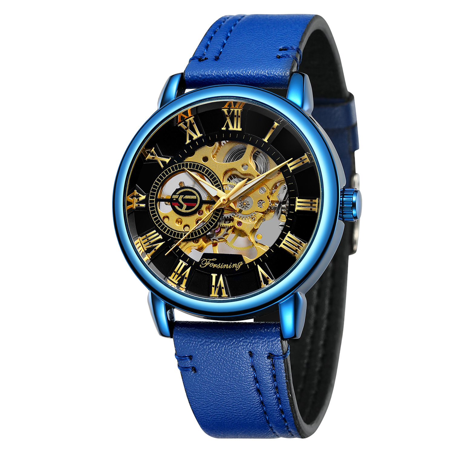 forsining手表 男女款休闲镂空机械机芯机械手表蓝色手动机械表