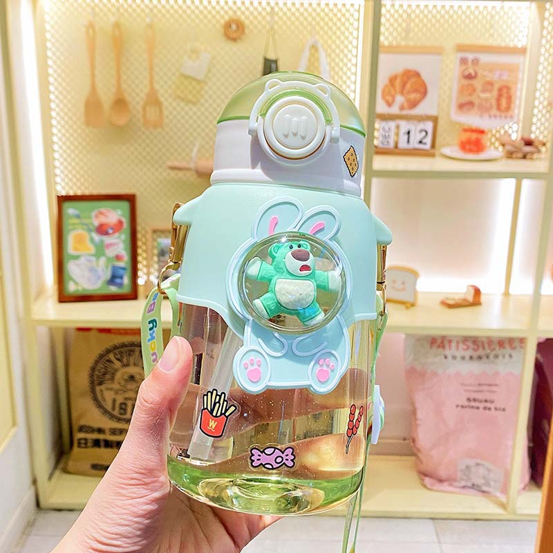 Factory Wholesale Good-looking Summer Plastic Cup Crossbody Strap Portable Cup Cartoon Cute Wind Belt Straw Water Bottle