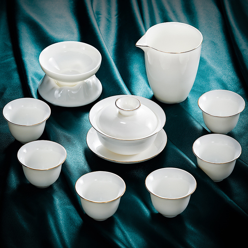 White Jade White Porcelain Teaware Set Home Office Visitors Light Luxury High-End Porcelain Gaiwan Kung Fu Tea Cup