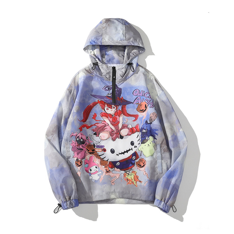日系街头动漫套头设计感冲锋衣休闲数码直喷印花宽松连帽卫衣男女