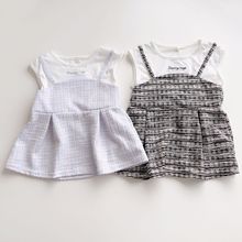 24新款日单童装120-160女孩夏季短袖T恤吊带假两件中小大童