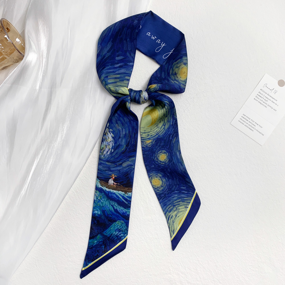 French Painted Pastoral Style Silk Scarf Artistic Sense Arm Bag Hair Band Belt All-Match Decorative Scarf Thin Narrow Long Ribbon
