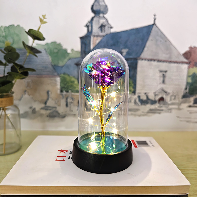 Preserved Fresh Flower Gold Foil Colored Gold Rose Glass Cover Small Night Lamp Christmas Valentine's Day Small Gift Creative Desktop Decoration