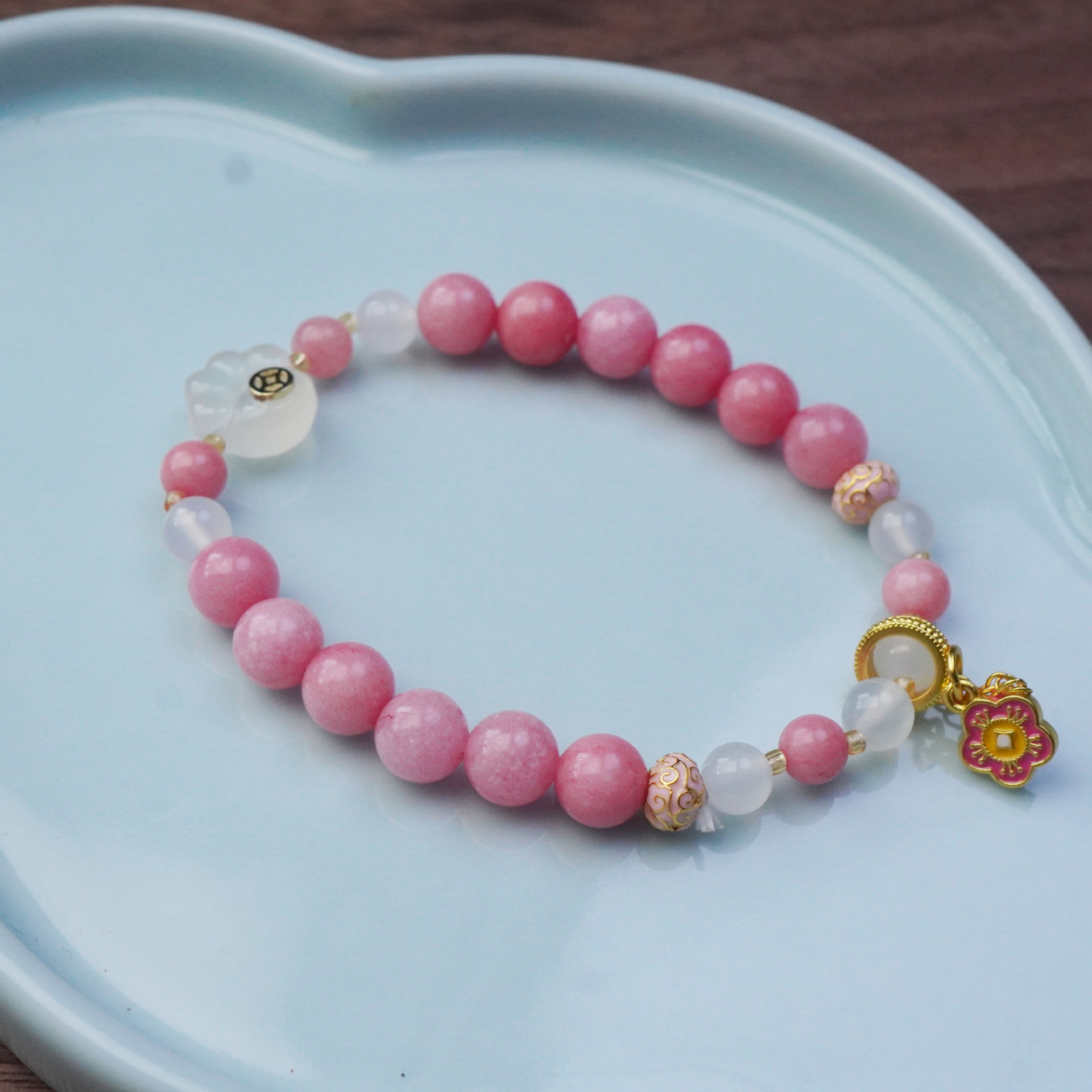寺庙同款南京有钱花粉水晶玛瑙手串少女粉梅花招财猫水晶手链礼品